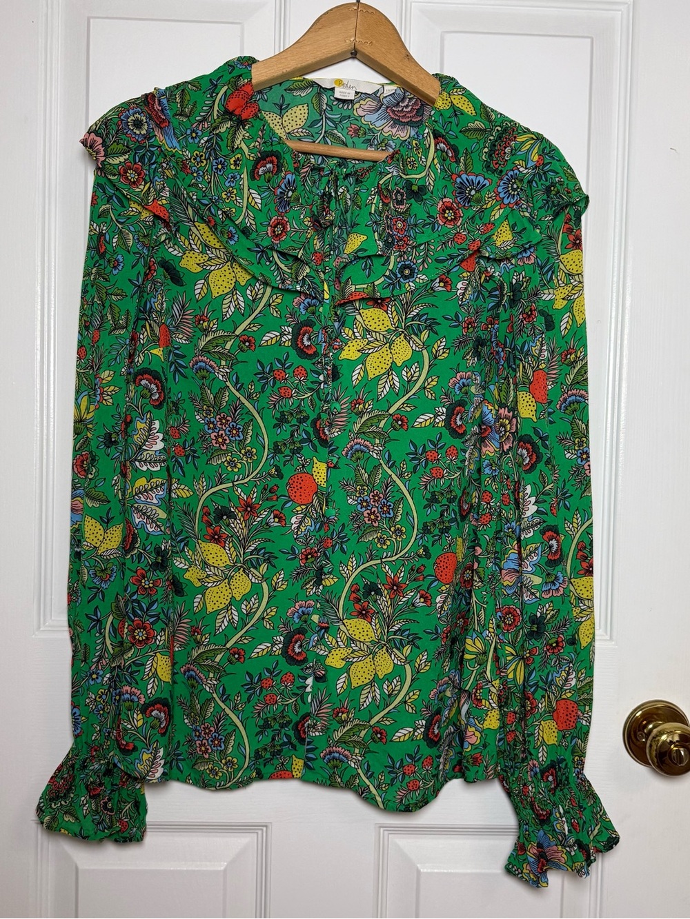 Boden Ruffle Neck Blouse Green Floral Fruit Lemon Top Viscose US 6 - Picture 5 of 11
